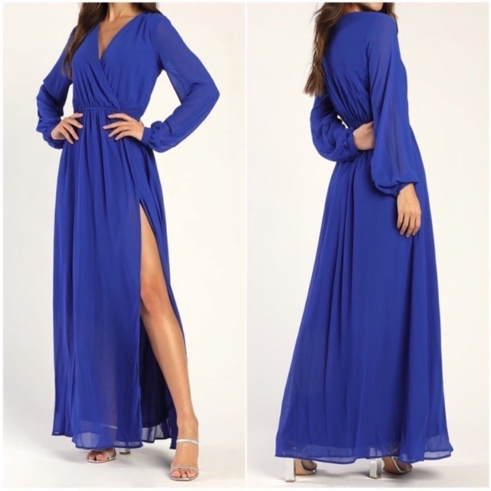 LULU’S | Wondrous Water Lillies Royal Blue Long Sleeve Maxi Dress Women’s Size S